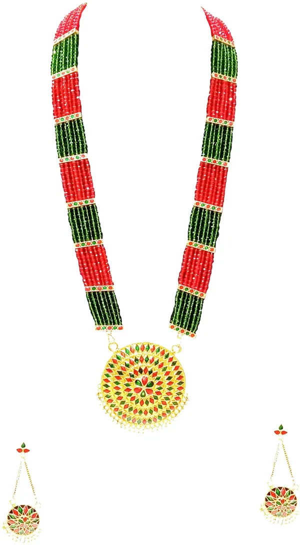 Assamese_Traditional_Gold_Plated_Red_Green_Colour_Japi_Tassel_Jewellery_Set_For_Women